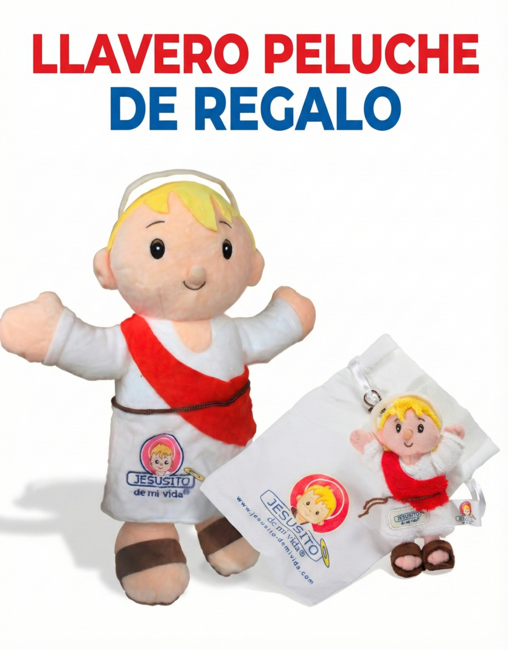 Peluche Jesusito convertible en cojín de cuello 40cm. Regalo llavero Jesusito 10cm.